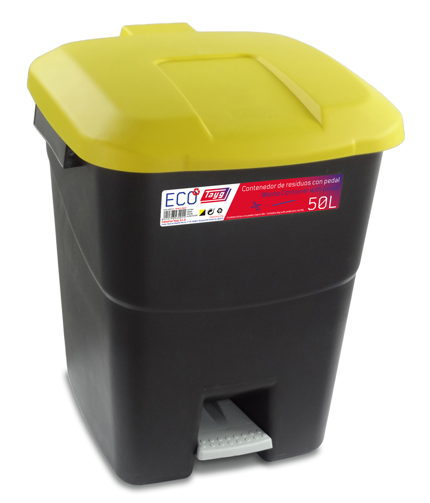 Abfallbehälter 50 Liter in Schwarz m. Gelbe Deckel und Fußpedal