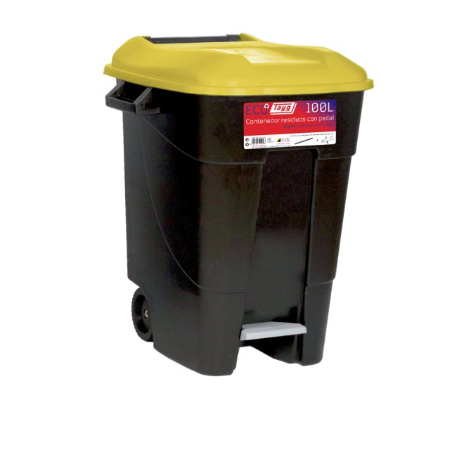 Avfallsbehllare 100 liter i svart m. Gult Lock och fotpedal