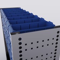 Bilreol med 24 plastkasser, 2 toolbags