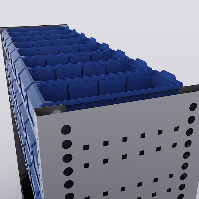 Bilreol med 24 plastkasser, 2 toolbags