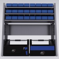 Bilreol med 24 plastkasser, 2 toolbags