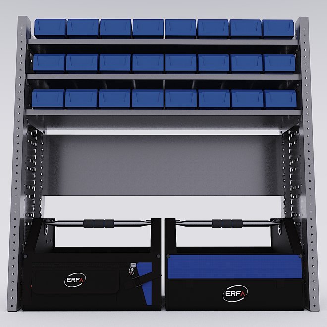 Bilreol med 24 plastkasser, 2 toolbags