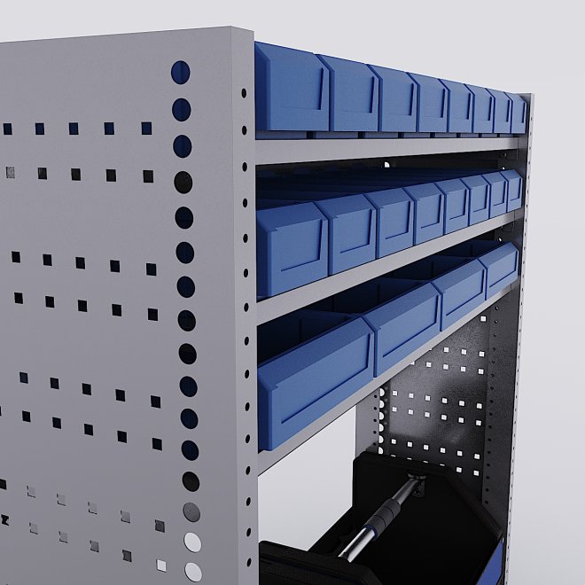 Bilreol med 20 plastkasser, 2 toolbags