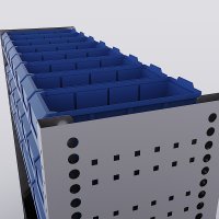 Bilreol med 20 plastkasser, 2 toolbags