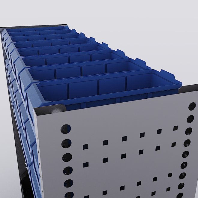 Bilreol med 20 plastkasser, 2 toolbags