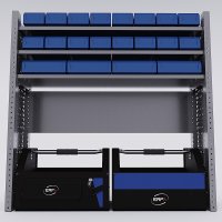 Bilreol med 20 plastkasser, 2 toolbags