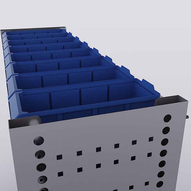 Bilreol med 12 plastkasser