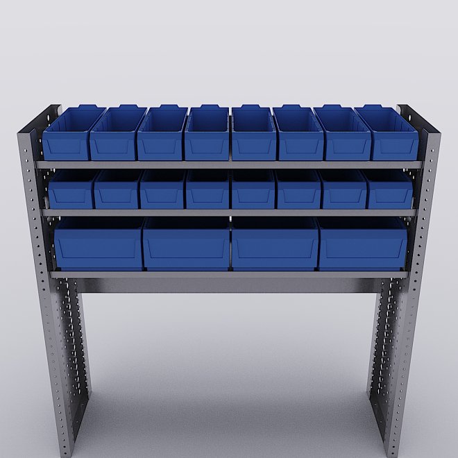 Bilreol med 12 plastkasser