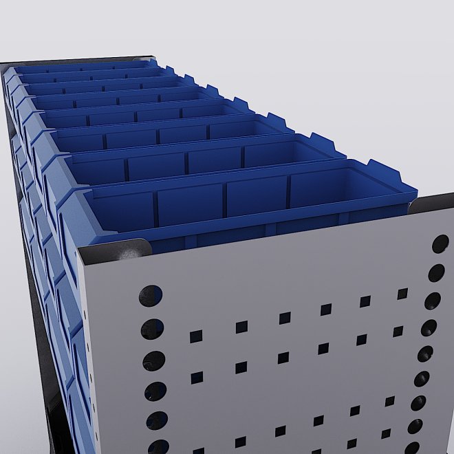 Bilreol med 12 plastkasser, 2 toolbags