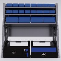 Bilreol med 12 plastkasser, 2 toolbags