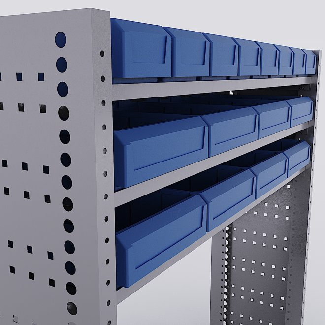 Bilreol med 16 plastkasser