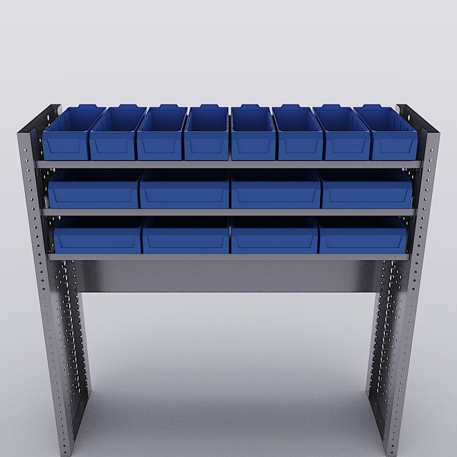 Bilreol med 16 plastkasser