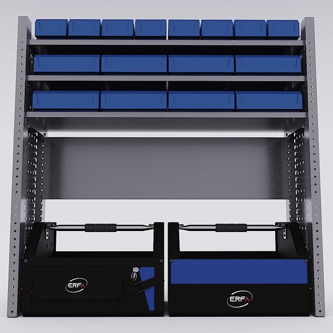 Bilreol med 16 plastkasser, 2 toolbags