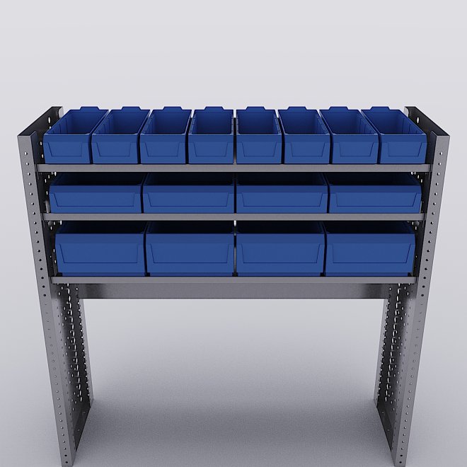 Bilreol med 16 plastkasser