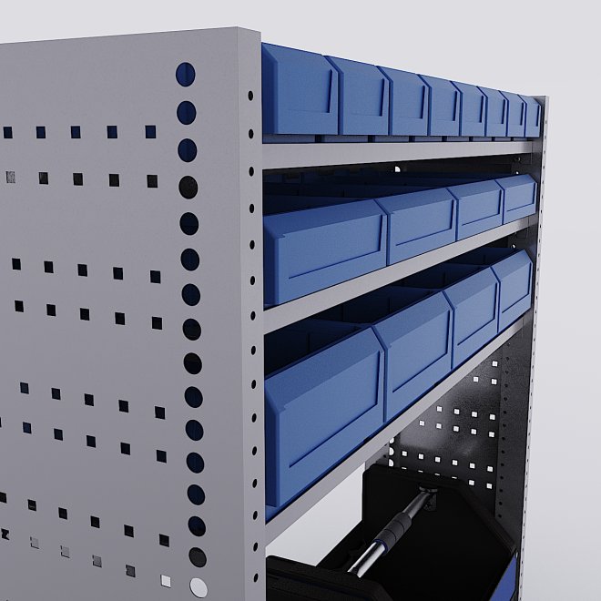 Bilreol med 16 plastkasser, 2 toolbags