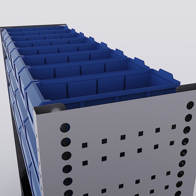 Bilreol med 16 plastkasser, 2 toolbags