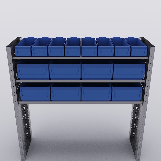 Bilreol med 16 plastkasser