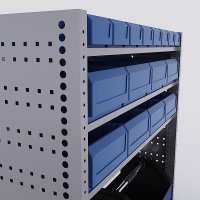 Bilreol med 16 plastkasser, 2 toolbags