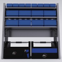 Bilreol med 16 plastkasser, 2 toolbags