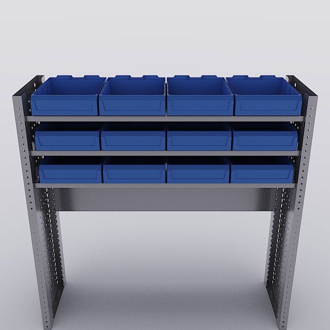 Bilreol med 12 plastkasser