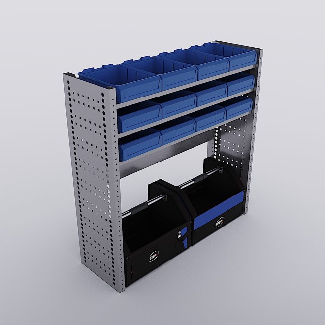 Bilreol med 12 plastkasser, 2 toolbags