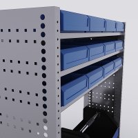 Bilreol med 12 plastkasser, 2 toolbags