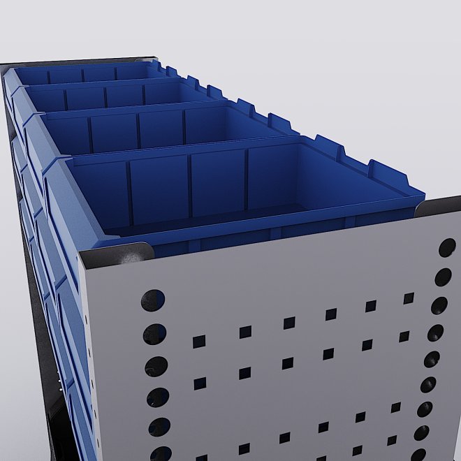 Bilreol med 12 plastkasser, 2 toolbags