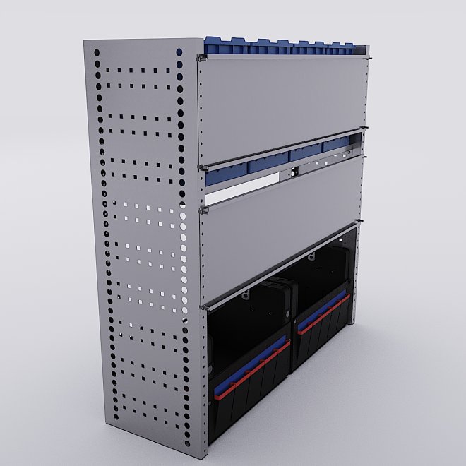 Bilreol med 12 plastkasser, 2 toolbags