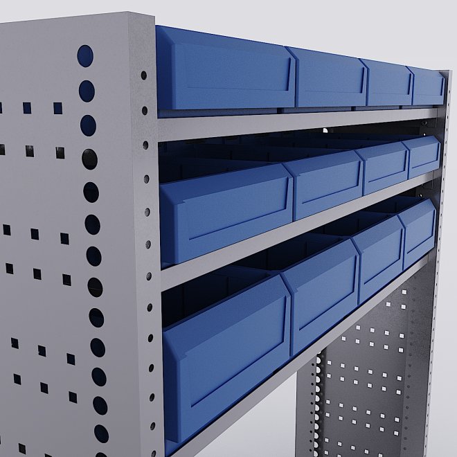 Bilreol med 20 plastkasser