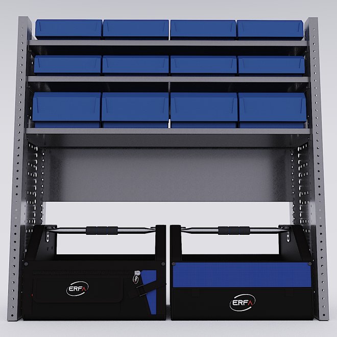 Bilreol med 20 plastkasser, 2 toolbags