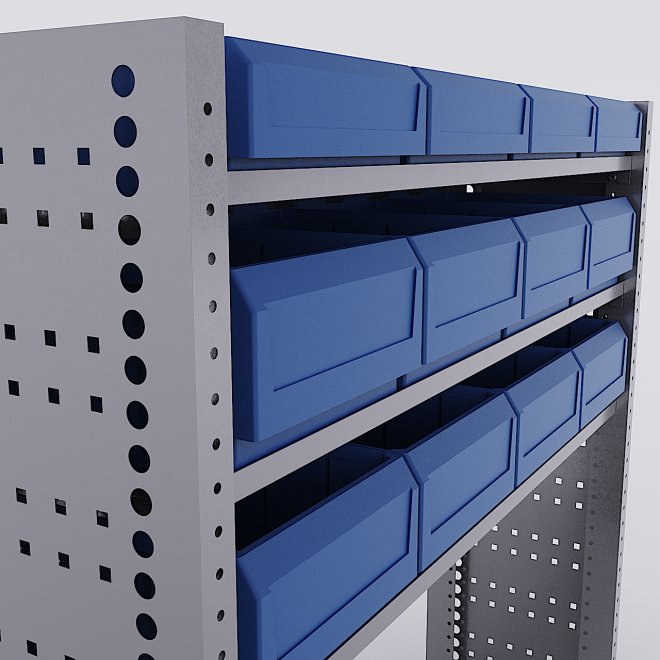 Bilreol med 12 plastkasser