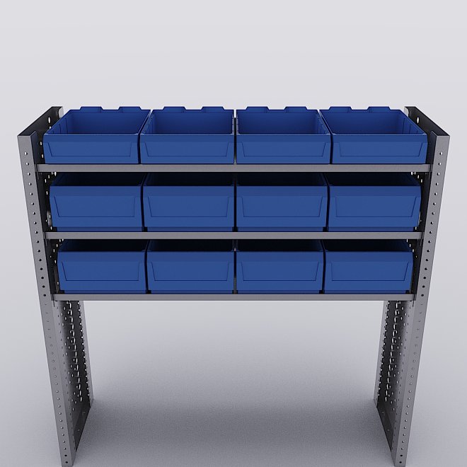 Bilreol med 12 plastkasser