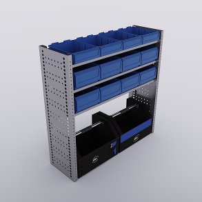 Bilreol med 12 plastkasser, 2 toolbags