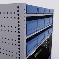 Bilreol med 12 plastkasser, 2 toolbags