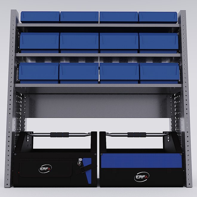 Bilreol med 12 plastkasser, 2 toolbags