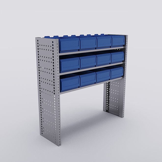 Bilreol med 12 plastkasser