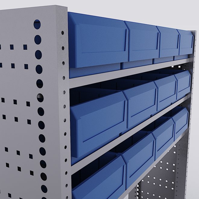 Bilreol med 12 plastkasser