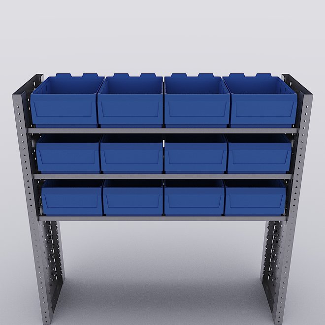 Bilreol med 12 plastkasser