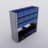 Bilreol med 12 plastkasser, 2 toolbags