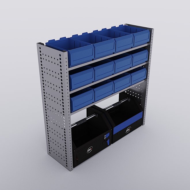 Bilreol med 12 plastkasser, 2 toolbags