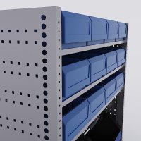 Bilreol med 12 plastkasser, 2 toolbags