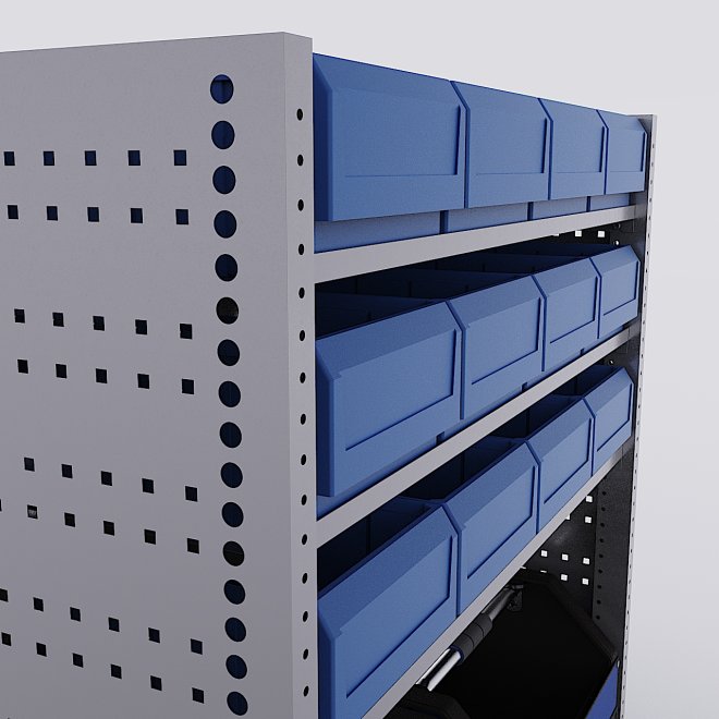 Bilreol med 12 plastkasser, 2 toolbags