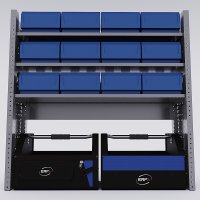 Bilreol med 12 plastkasser, 2 toolbags