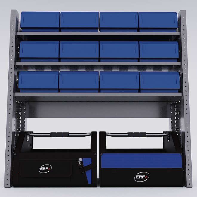 Bilreol med 12 plastkasser, 2 toolbags