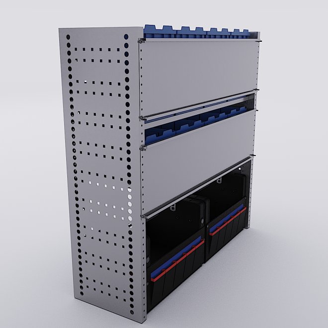 Bilreol med 12 plastkasser, 2 toolbags