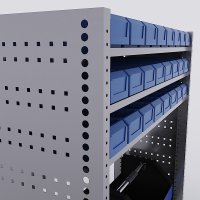 Bilreol med 24 plastkasser, 2 toolbags