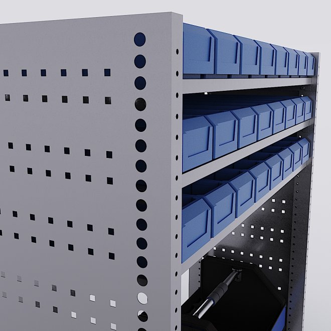 Bilreol med 24 plastkasser, 2 toolbags