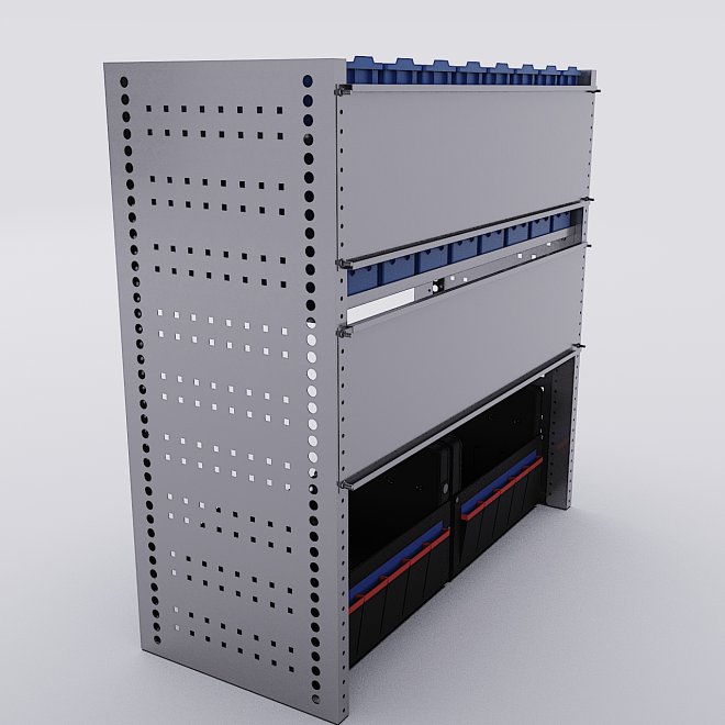 Bilreol med 24 plastkasser, 2 toolbags