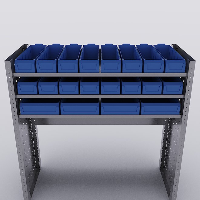 Bilreol med 20 plastkasser