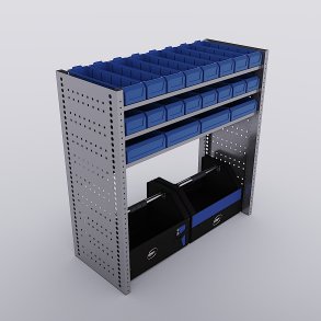 Bilreol med 20 plastkasser, 2 toolbags